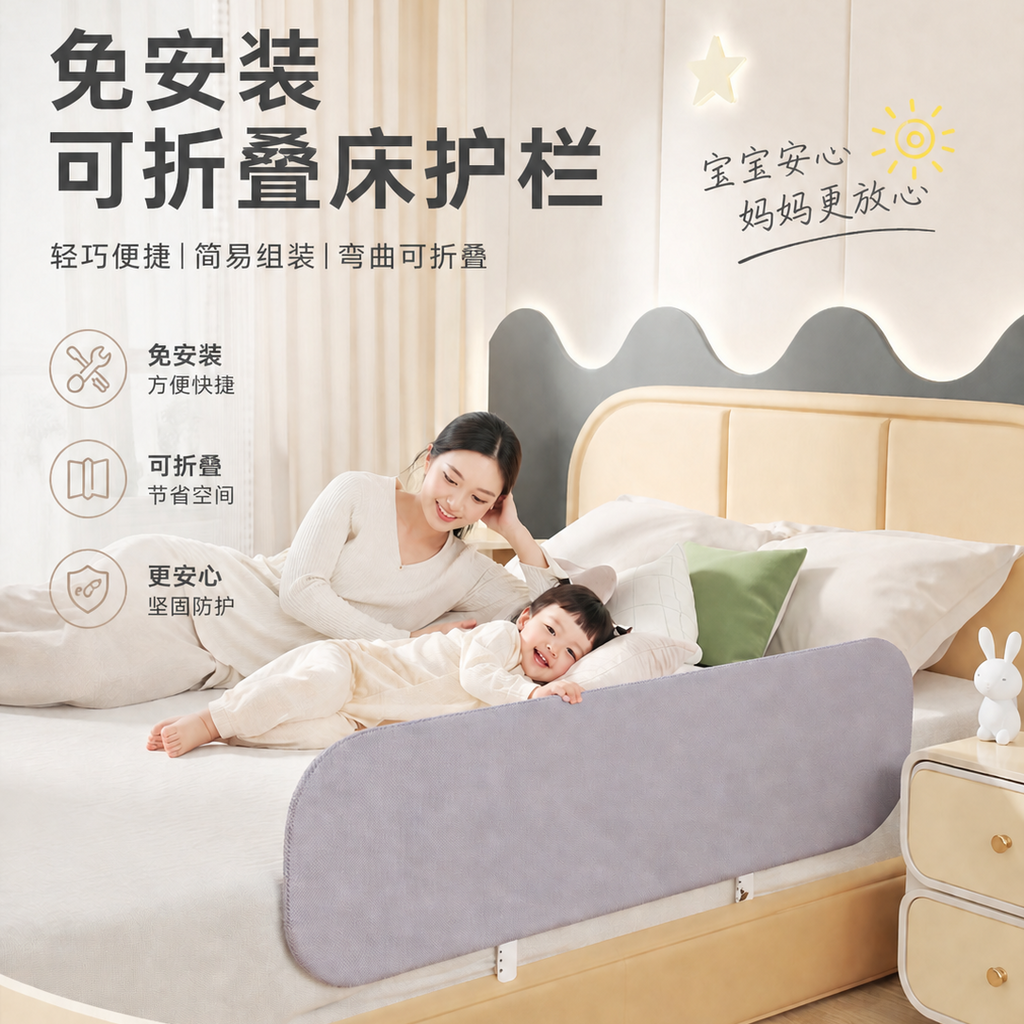 Tool-Free Foldable Bed Rail for Kids