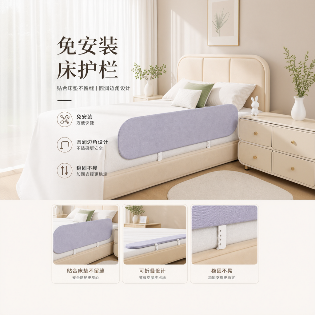 Tool-Free Foldable Bed Rail for Kids