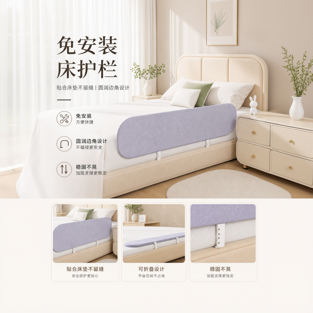 Tool-Free Foldable Bed Rail for Kids